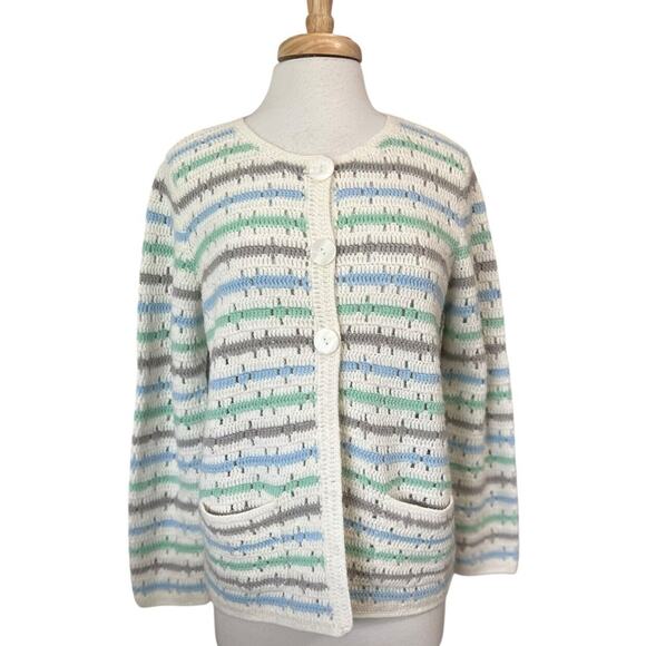 Alfred Dunner Cardigan Sweater Crochet Bolero Ivory Aqua Gray Women's L - Picture 1 of 6